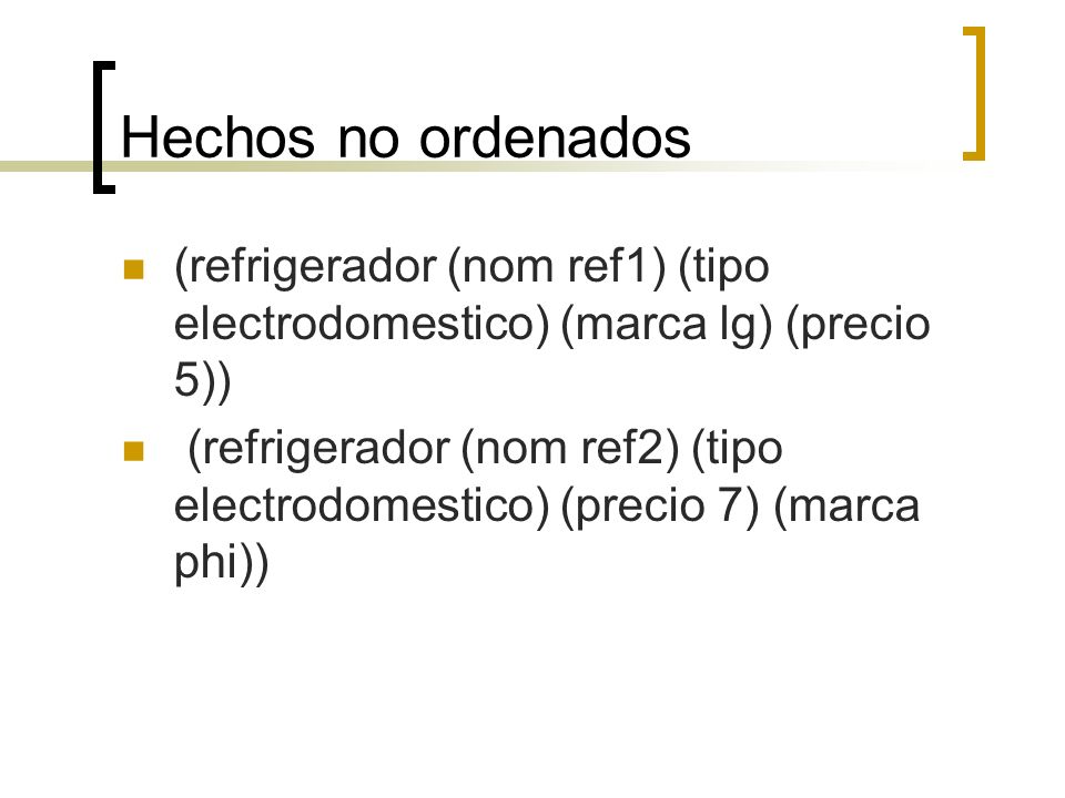 Hechos no ordenados (refrigerador (nom ref1) (tipo electrodomestico) (marca lg) (precio 5))