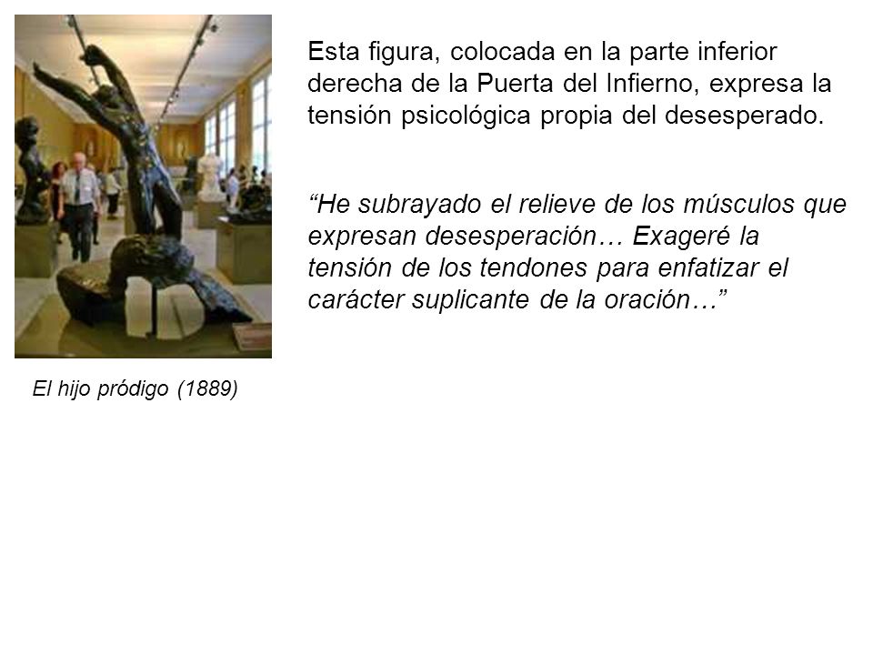 Esta figura, colocada en la parte inferior derecha de la Puerta del Infierno, expresa la tensión psicológica propia del desesperado.