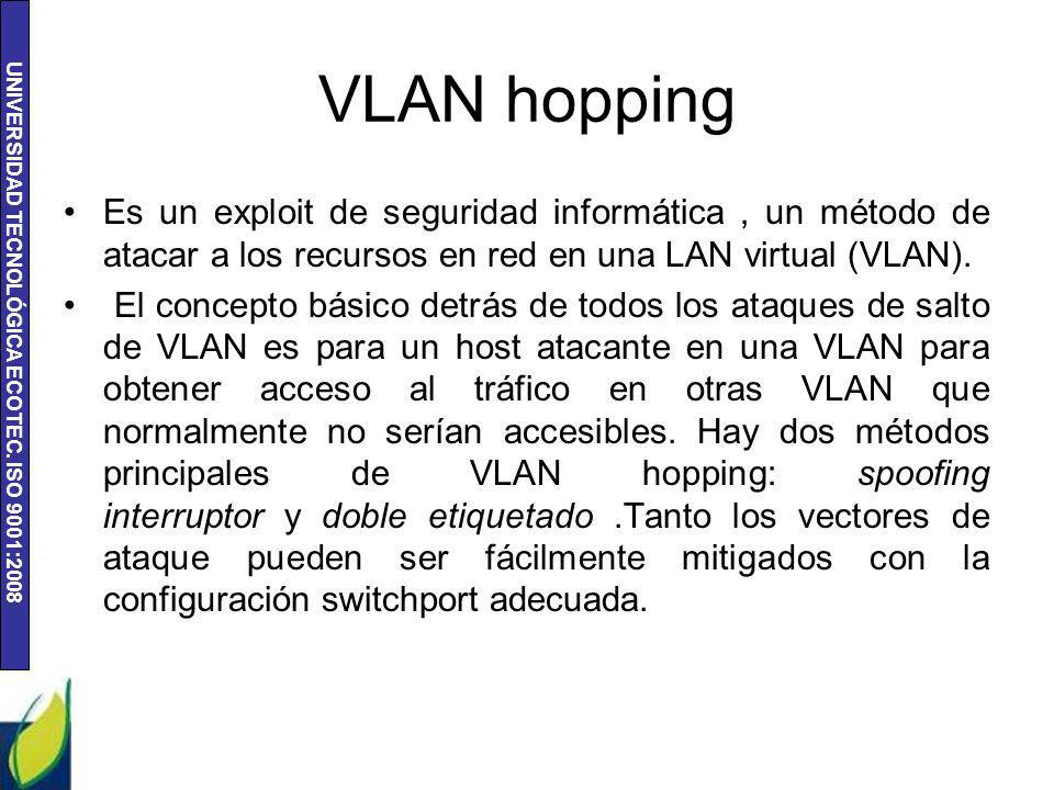 VLAN hopping Es un exploit de seguridad informática , un método de atacar a los recursos en red en una LAN virtual (VLAN).