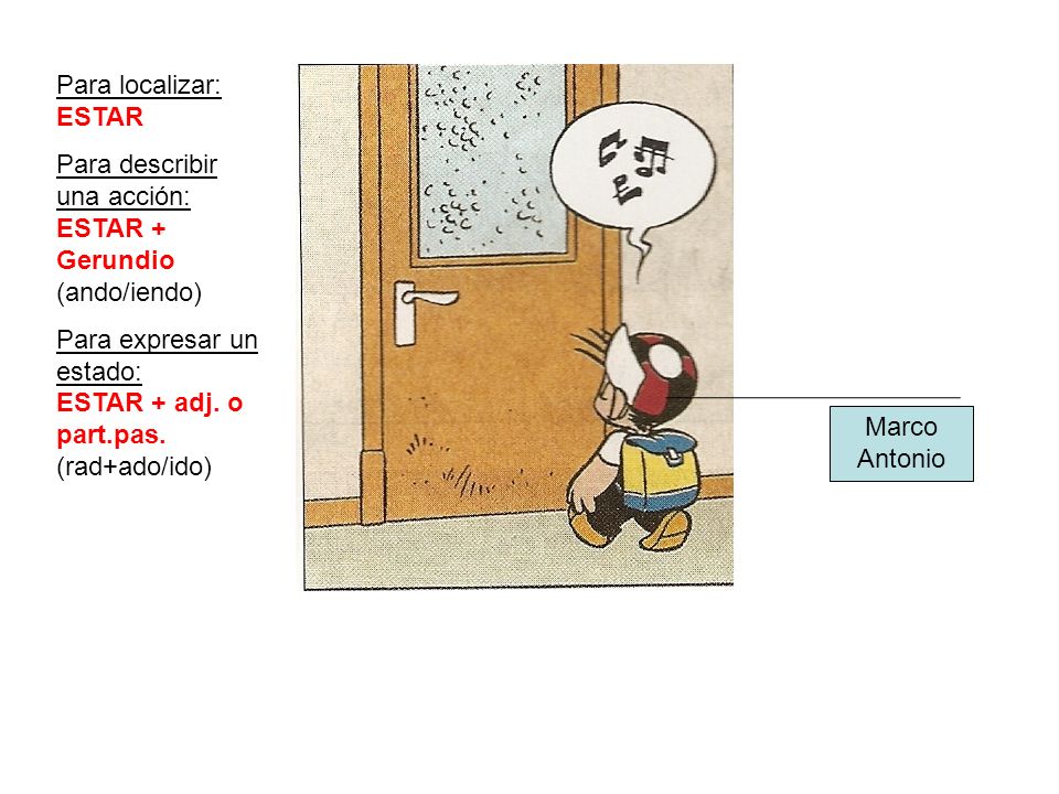 Para localizar: ESTAR Para describir una acción: ESTAR + Gerundio (ando/iendo) Para expresar un estado: ESTAR + adj. o part.pas. (rad+ado/ido)