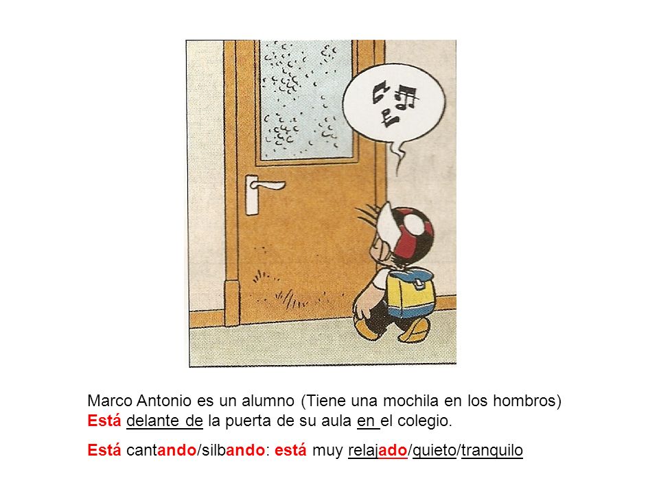 Marco Antonio es un alumno (Tiene una mochila en los hombros) Está delante de la puerta de su aula en el colegio.