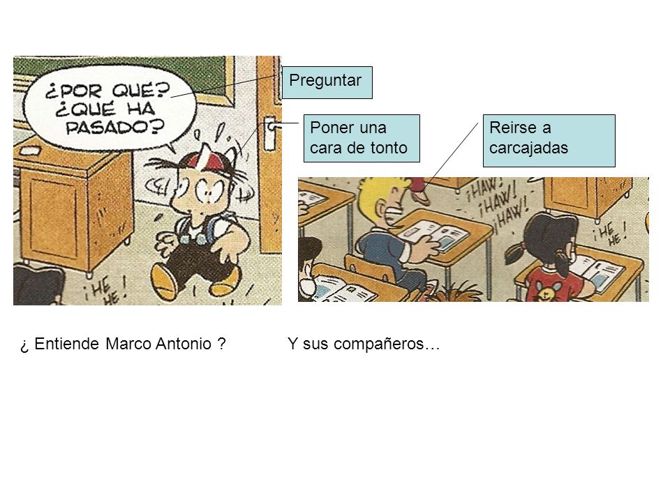 Preguntar Poner una cara de tonto Reirse a carcajadas ¿ Entiende Marco Antonio Y sus compañeros…