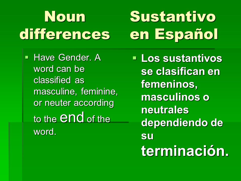 Noun Sustantivo differences en Español