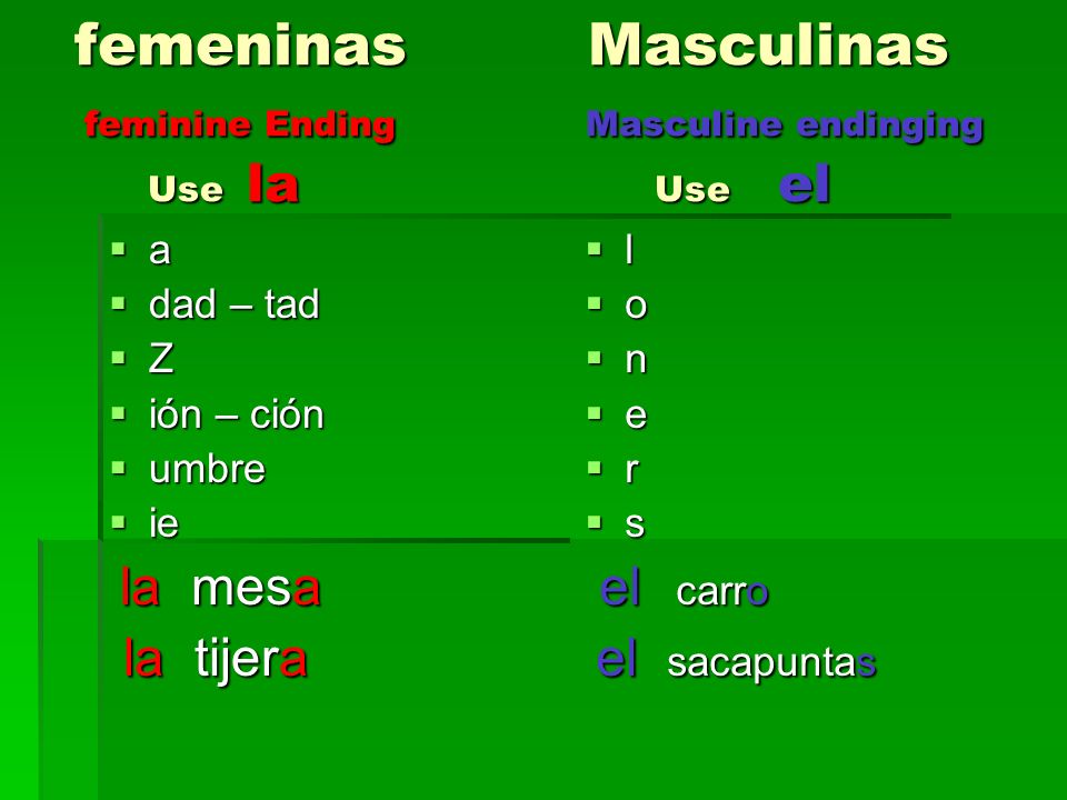 femeninas Masculinas feminine Ending Masculine endinging Use la Use el