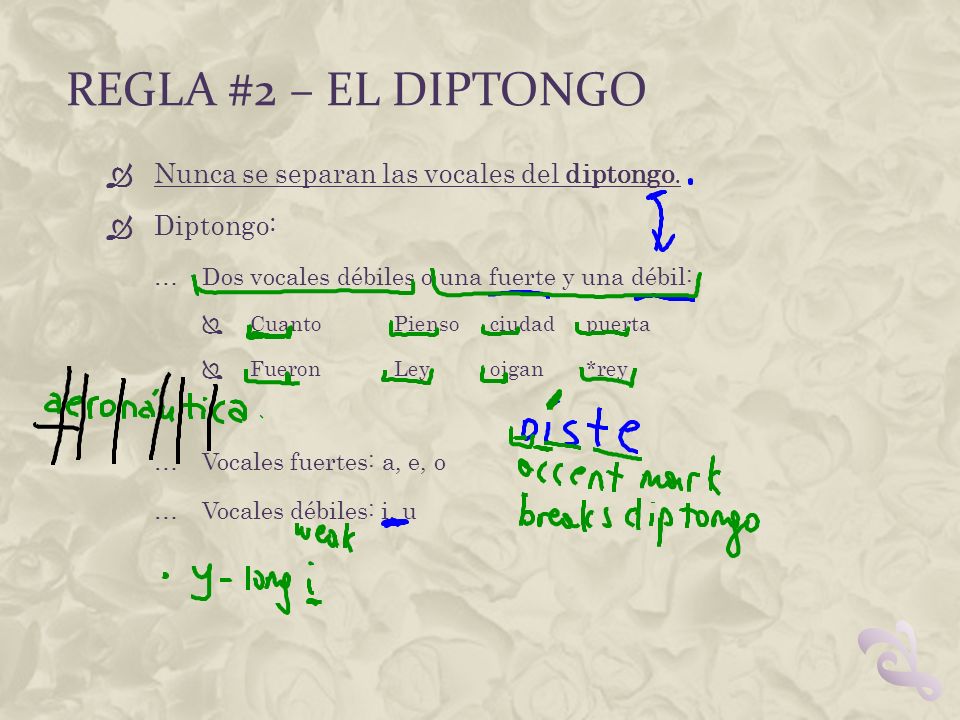 Regla #2 – el diptongo Nunca se separan las vocales del diptongo.