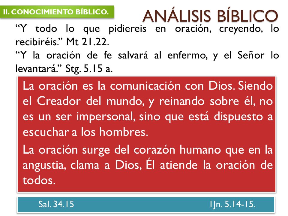 ANÁLISIS BÍBLICO II. CONOCIMIENTO BÍBLICO. Y todo lo que pidiereis en oración, creyendo, lo recibiréis. Mt