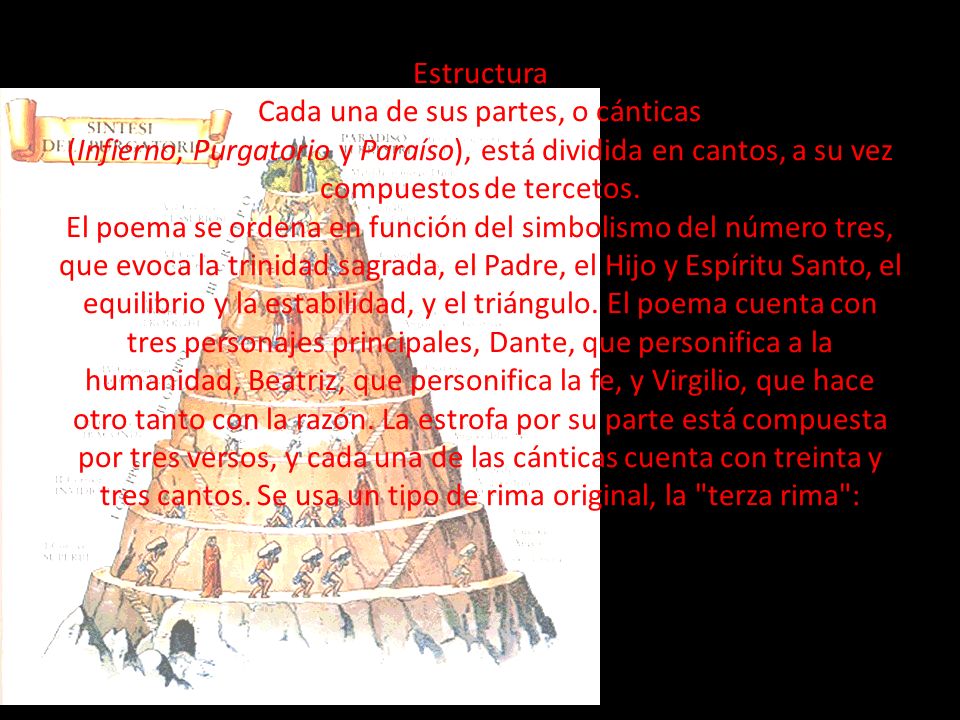 Estructura Cada una de sus partes, o cánticas (Infierno, Purgatorio y Paraíso), está dividida en cantos, a su vez compuestos de tercetos.