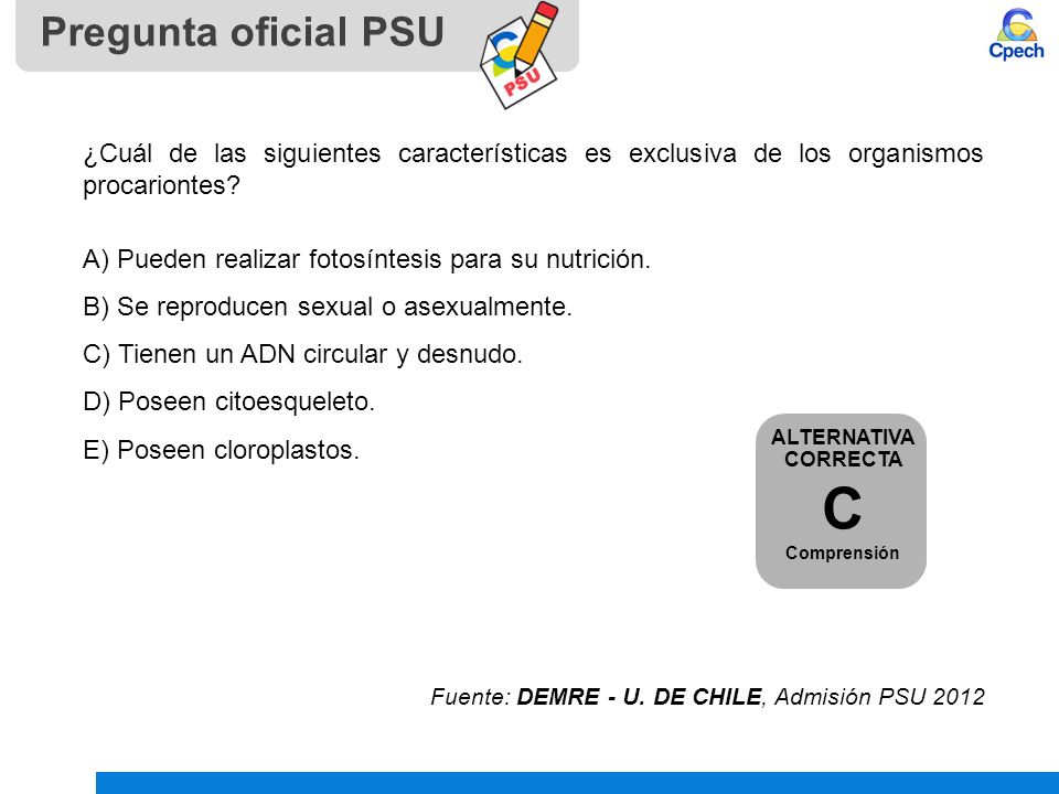 Pregunta oficial PSU ¿Cuál de las siguientes características es exclusiva de los organismos procariontes