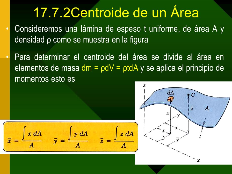 17.7.2Centroide de un Área Consideremos una lámina de espeso t uniforme, de área A y densidad ρ como se muestra en la figura.