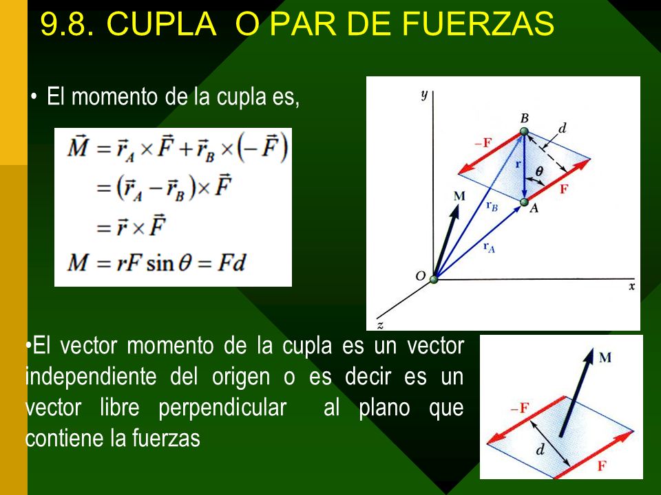 9.8. CUPLA O PAR DE FUERZAS El momento de la cupla es,