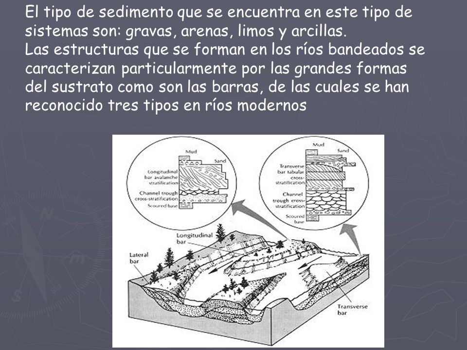 El tipo de sedimento que se encuentra en este tipo de sistemas son: gravas, arenas, limos y arcillas.