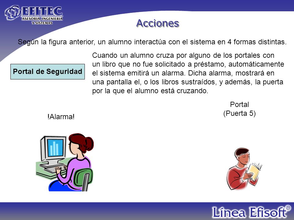 Acciones Según la figura anterior, un alumno interactúa con el sistema en 4 formas distintas. Cuando un alumno cruza por alguno de los portales con.