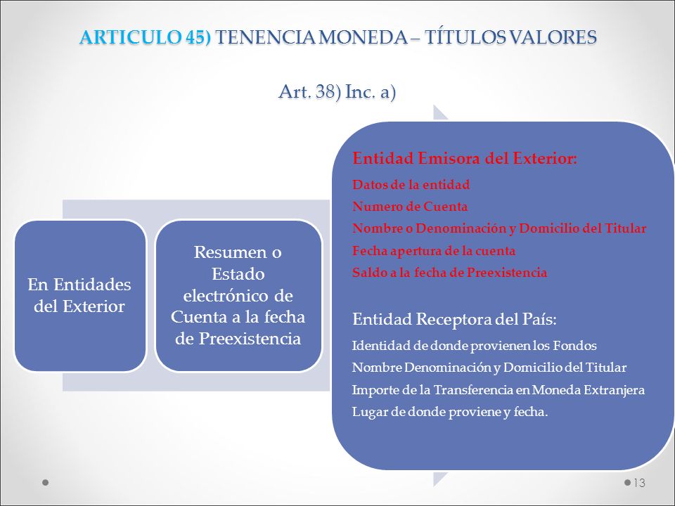 ARTICULO 45) TENENCIA MONEDA – TÍTULOS VALORES Art. 38) Inc. a)
