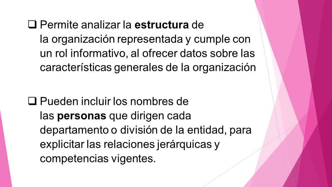Permite analizar la estructura de la organización representada y cumple con un rol informativo, al ofrecer datos sobre las características generales de la organización