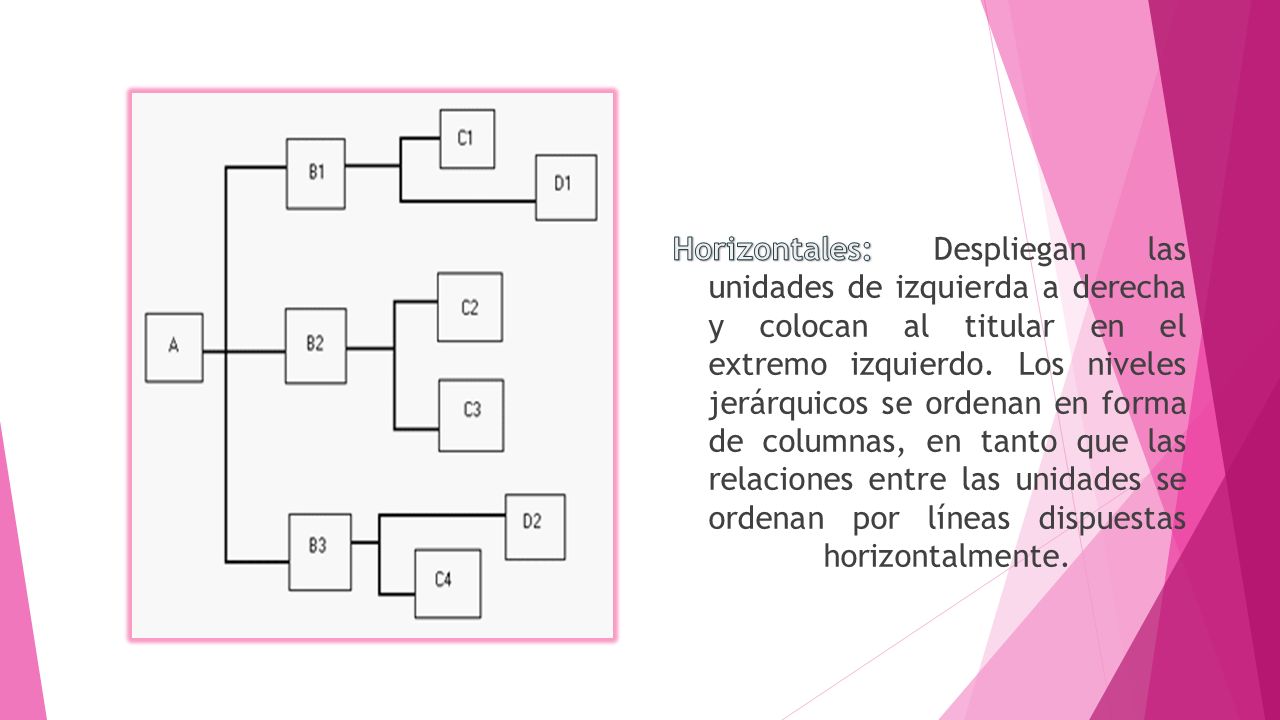 Horizontales: Despliegan las unidades de izquierda a derecha y colocan al titular en el extremo izquierdo.