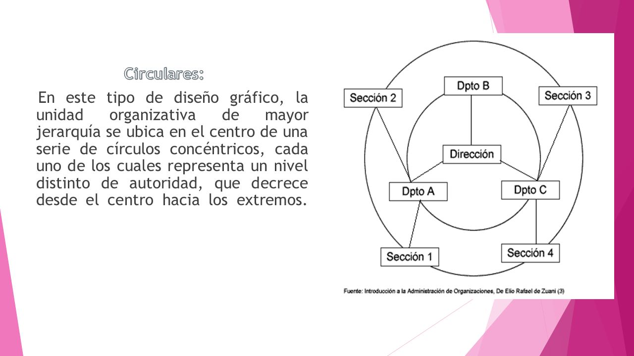 Circulares: En este tipo de diseño gráfico, la unidad organizativa de mayor jerarquía se ubica en el centro de una serie de círculos concéntricos, cada uno de los cuales representa un nivel distinto de autoridad, que decrece desde el centro hacia los extremos.