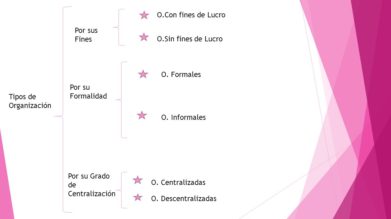 O.Con fines de Lucro Por sus Fines. O.Sin fines de Lucro. O. Formales. Por su Formalidad. Tipos de Organización.