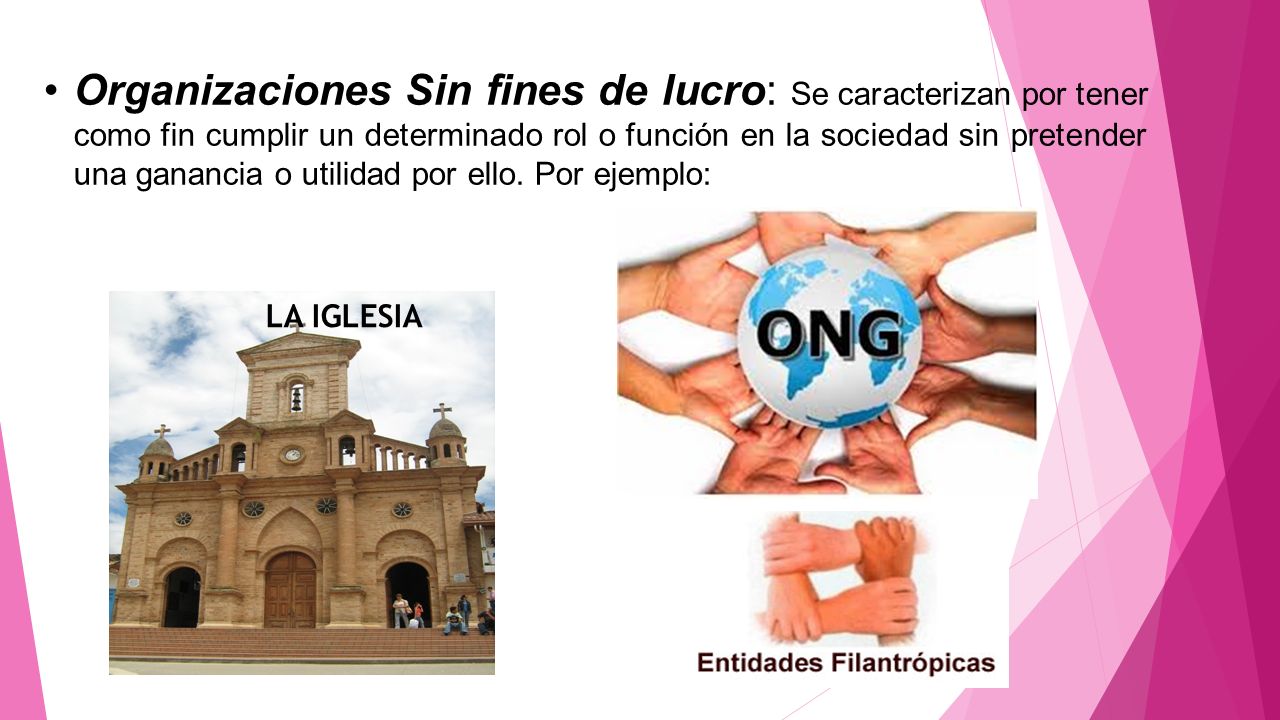 Organizaciones Sin fines de lucro: Se caracterizan por tener como fin cumplir un determinado rol o función en la sociedad sin pretender una ganancia o utilidad por ello. Por ejemplo:
