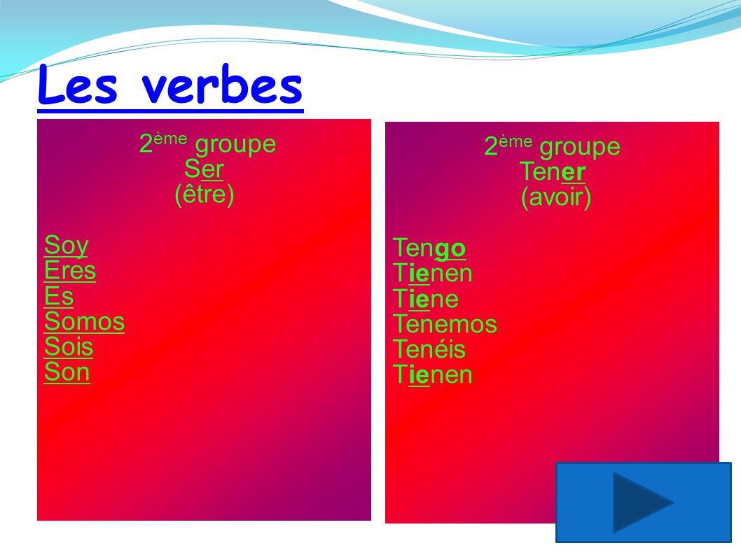 Les verbes 2ème groupe 2ème groupe Tener Ser (avoir) (être) Soy Tengo
