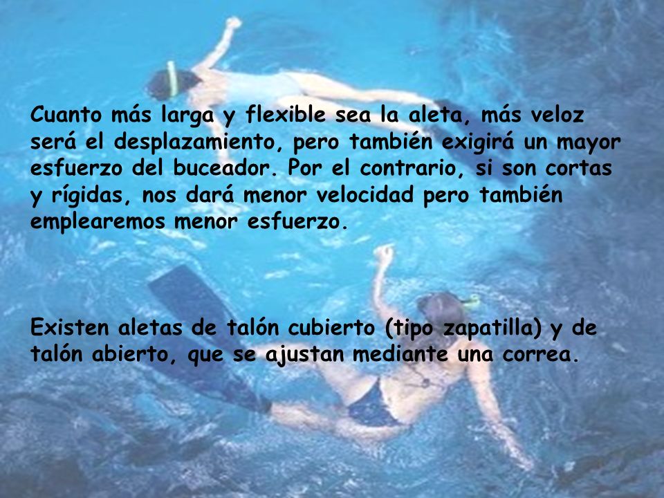Cuanto más larga y flexible sea la aleta, más veloz será el desplazamiento, pero también exigirá un mayor esfuerzo del buceador. Por el contrario, si son cortas y rígidas, nos dará menor velocidad pero también emplearemos menor esfuerzo.
