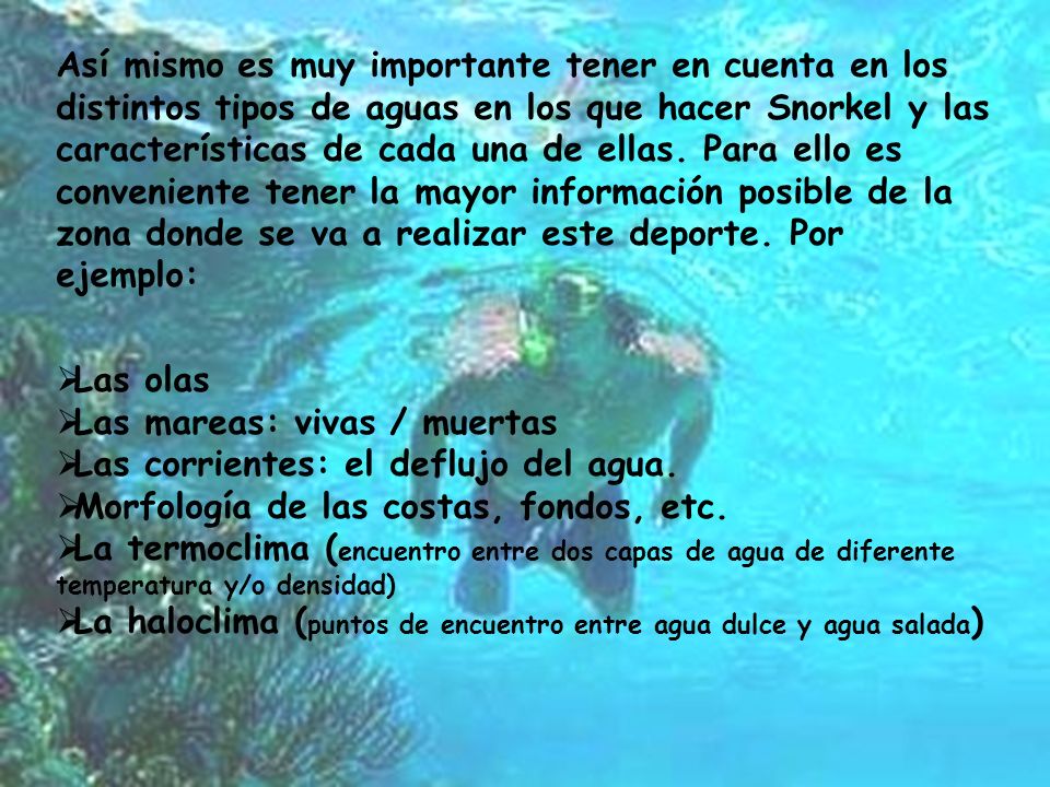 Así mismo es muy importante tener en cuenta en los distintos tipos de aguas en los que hacer Snorkel y las características de cada una de ellas. Para ello es conveniente tener la mayor información posible de la zona donde se va a realizar este deporte. Por ejemplo: