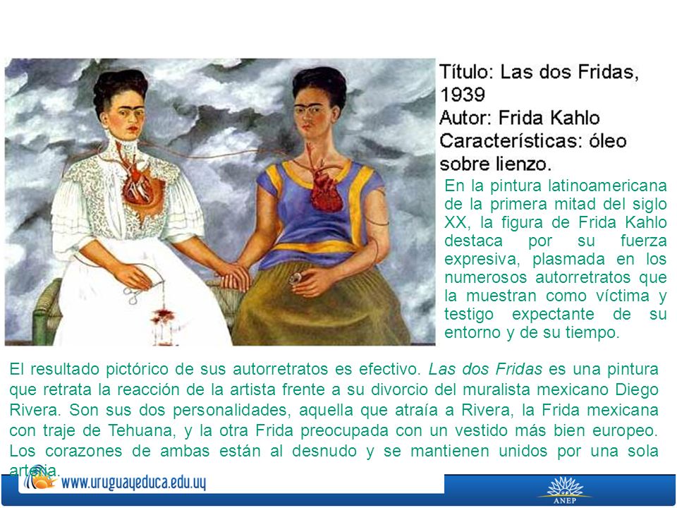 En la pintura latinoamericana de la primera mitad del siglo XX, la figura de Frida Kahlo destaca por su fuerza expresiva, plasmada en los numerosos autorretratos que la muestran como víctima y testigo expectante de su entorno y de su tiempo.