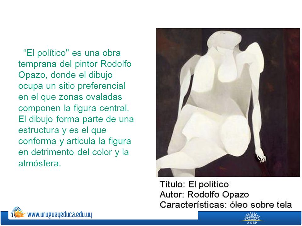 El político es una obra temprana del pintor Rodolfo Opazo, donde el dibujo ocupa un sitio preferencial en el que zonas ovaladas componen la figura central.