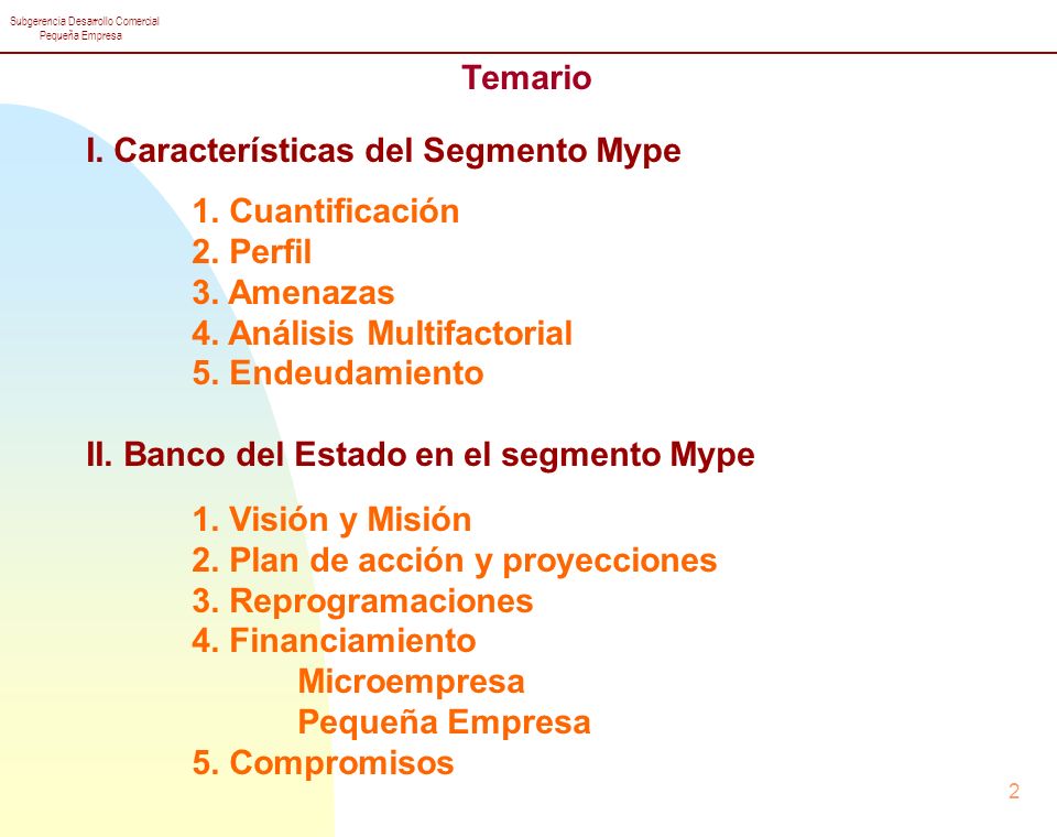 Temario I. Características del Segmento Mype. 1. Cuantificación. 2. Perfil. 3. Amenazas. 4. Análisis Multifactorial.