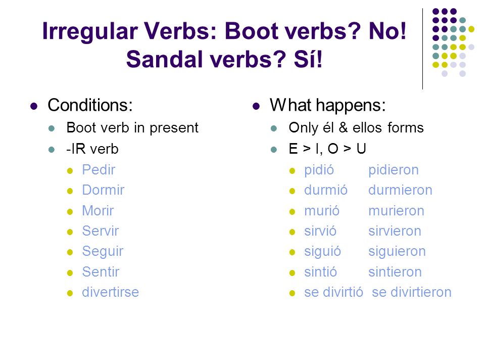 Irregular Verbs: Boot verbs No! Sandal verbs Sí!