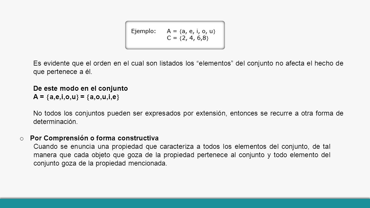 Es evidente que el orden en el cual son listados los elementos del conjunto no afecta el hecho de que pertenece a él.