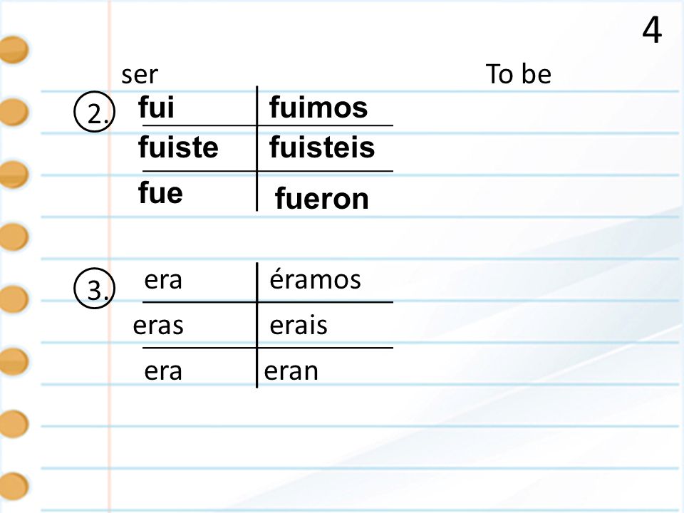 4 ser To be 2. fui fuimos fuiste fuisteis fue fueron 3. era éramos
