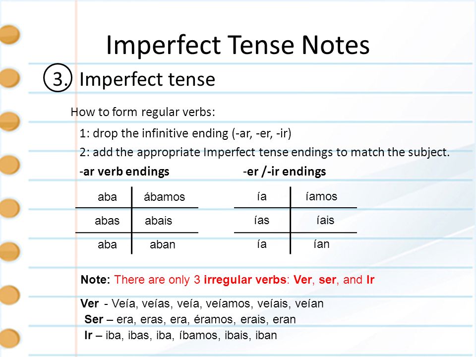 Imperfect Tense Notes 3. Imperfect tense How to form regular verbs: