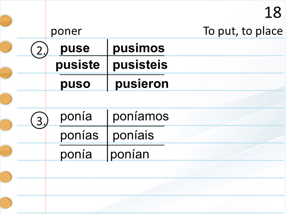 18 poner To put, to place 2. puse pusimos pusiste pusisteis puso