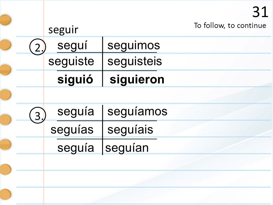 31 seguir 2. seguí seguimos seguiste seguisteis siguió siguieron 3.