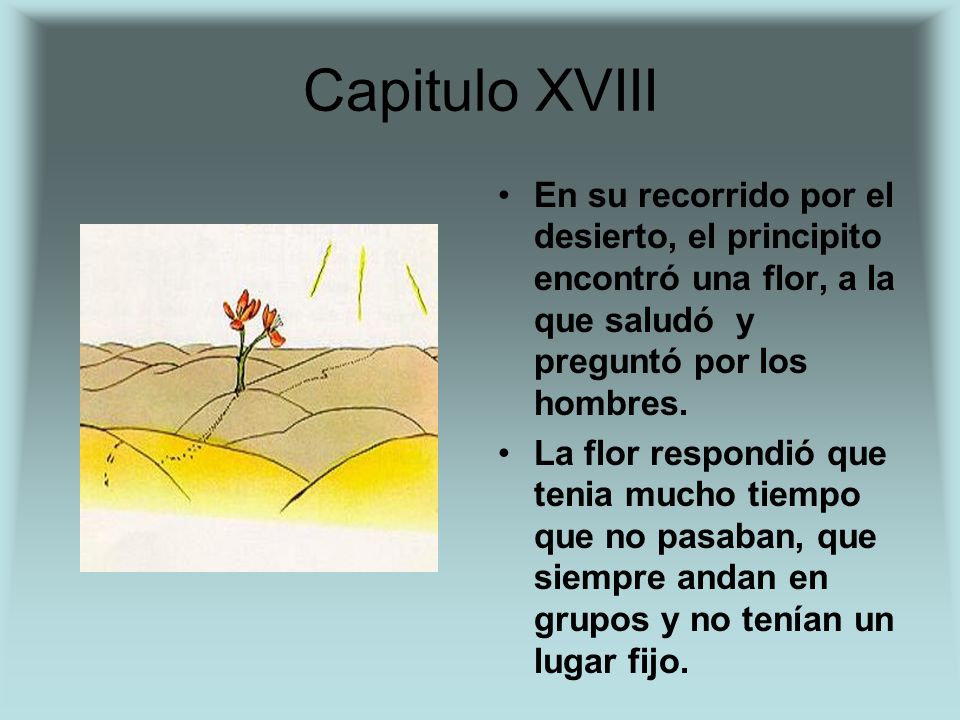Capitulo XVIII En su recorrido por el desierto, el principito encontró una flor, a la que saludó y preguntó por los hombres.