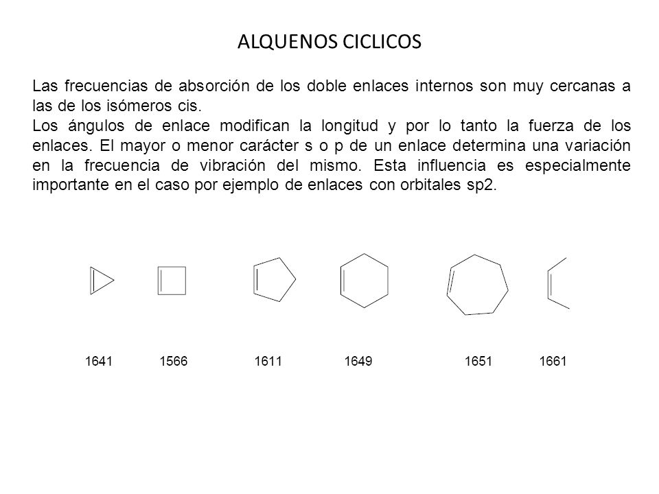 ALQUENOS CICLICOS Las frecuencias de absorción de los doble enlaces internos son muy cercanas a las de los isómeros cis.