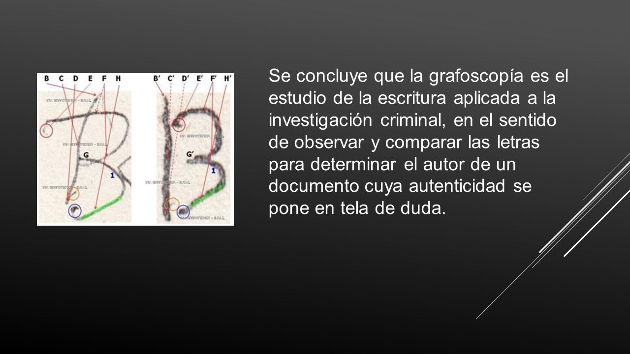 Se concluye que la grafoscopía es el estudio de la escritura aplicada a la investigación criminal, en el sentido de observar y comparar las letras para determinar el autor de un documento cuya autenticidad se pone en tela de duda.