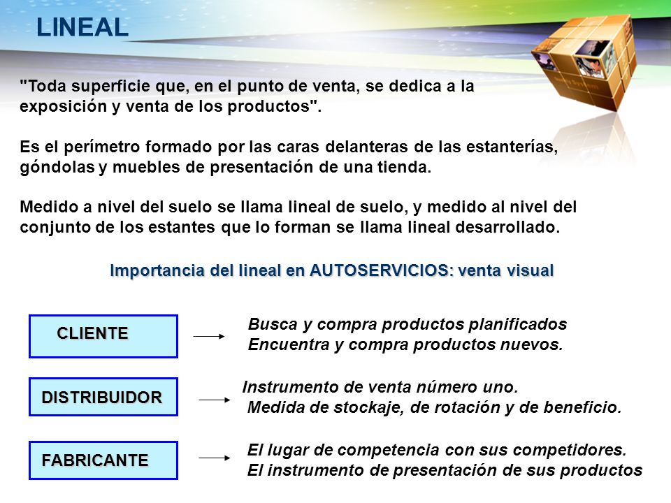 LINEAL Toda superficie que, en el punto de venta, se dedica a la