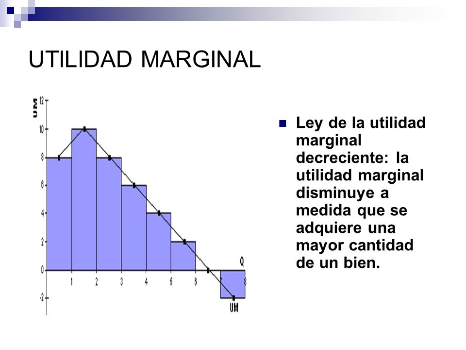 UTILIDAD MARGINAL Ley de la utilidad marginal decreciente: la utilidad marginal disminuye a medida que se adquiere una mayor cantidad de un bien.