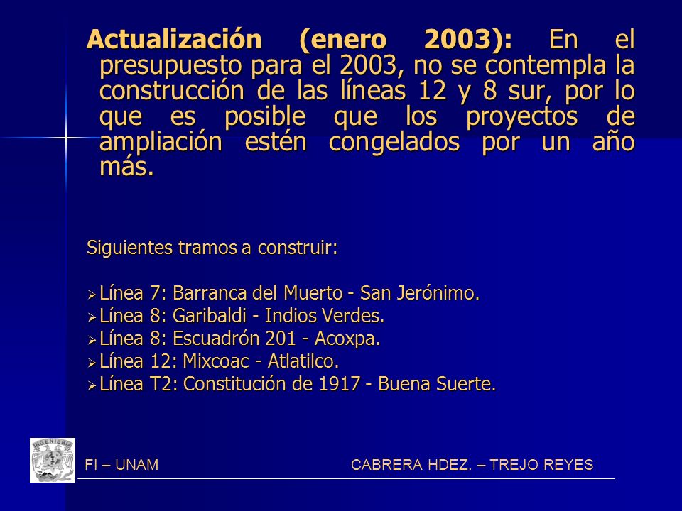 Actualización (enero 2003): En el presupuesto para el 2003, no se contempla la construcción de las líneas 12 y 8 sur, por lo que es posible que los proyectos de ampliación estén congelados por un año más.