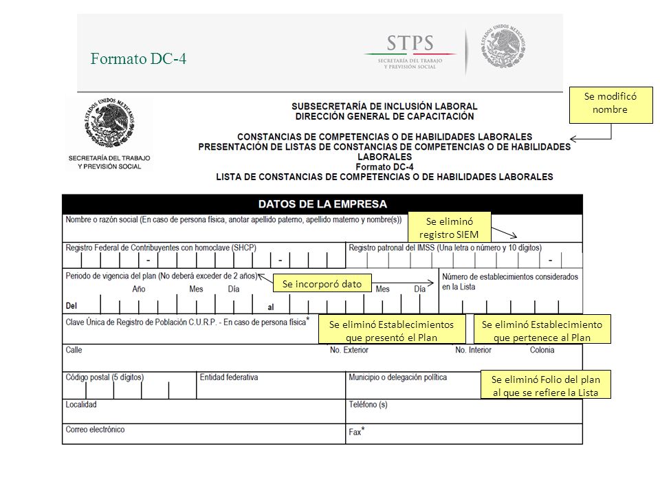 Formato DC-4 Se modificó nombre Se eliminó registro SIEM