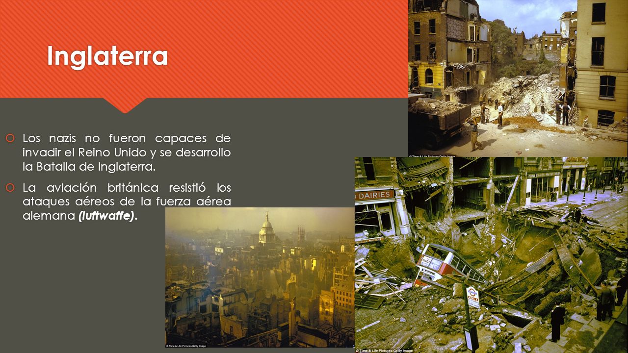 Los nazis no fueron capaces de invadir el Reino Unido y se desarrollo la Batalla de Inglaterra.