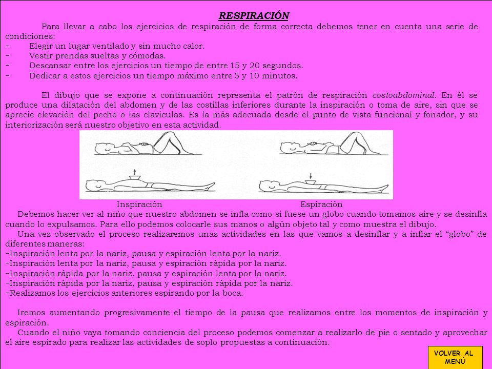 RESPIRACIÓN Para llevar a cabo los ejercicios de respiración de forma correcta debemos tener en cuenta una serie de condiciones: