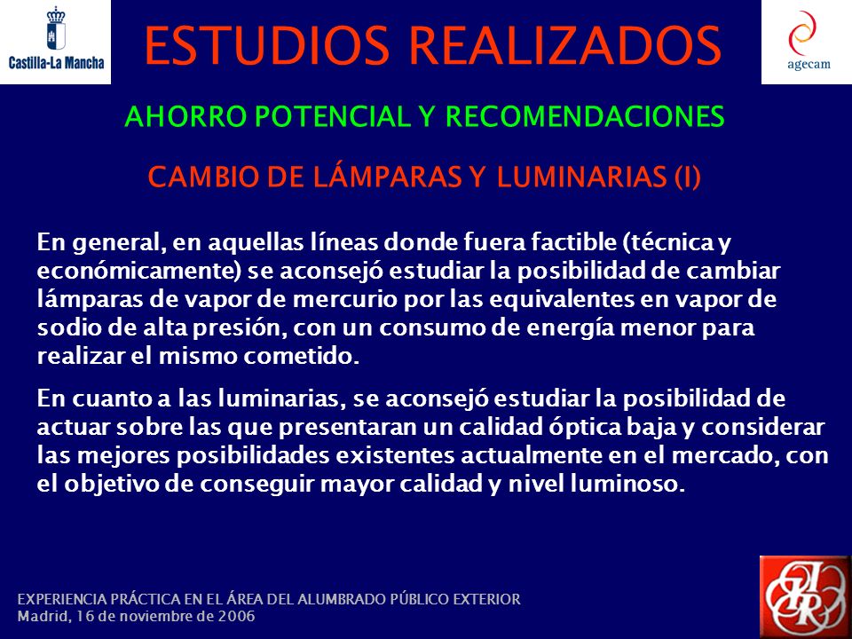 AHORRO POTENCIAL Y RECOMENDACIONES CAMBIO DE LÁMPARAS Y LUMINARIAS (I)