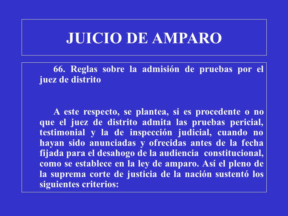 JUICIO DE AMPARO 66. Reglas sobre la admisión de pruebas por el juez de distrito.