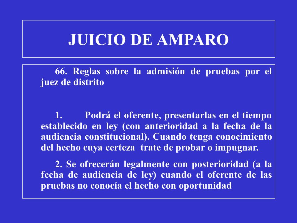 JUICIO DE AMPARO 66. Reglas sobre la admisión de pruebas por el juez de distrito.