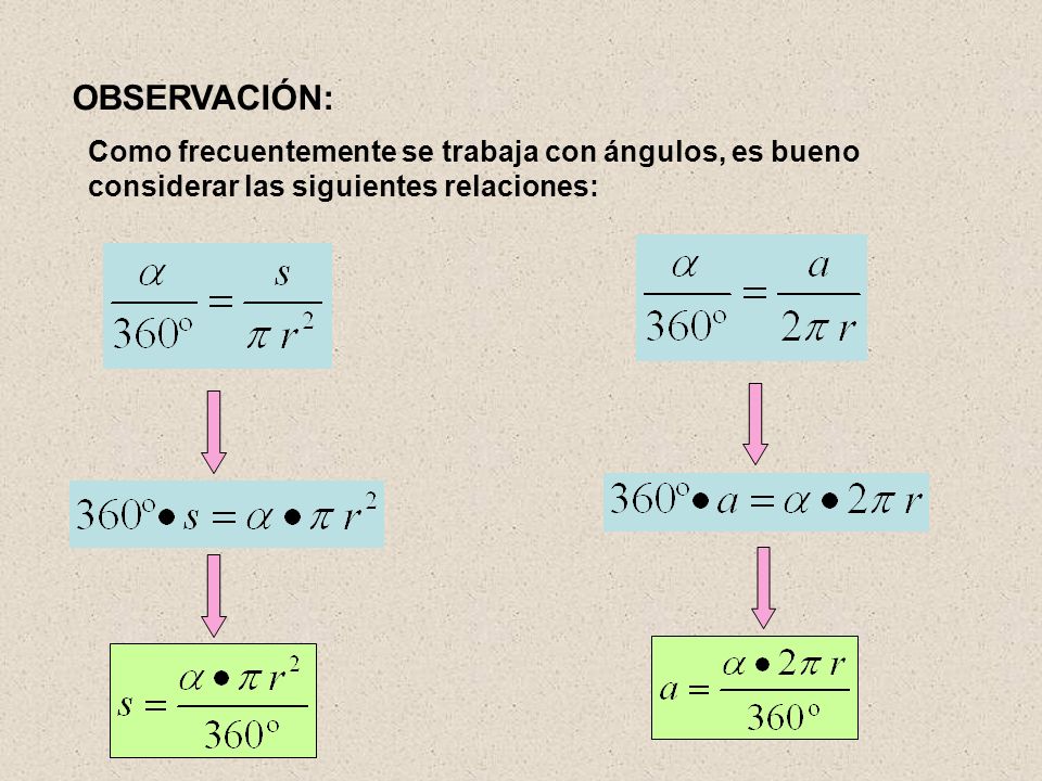 OBSERVACIÓN: Como frecuentemente se trabaja con ángulos, es bueno considerar las siguientes relaciones: