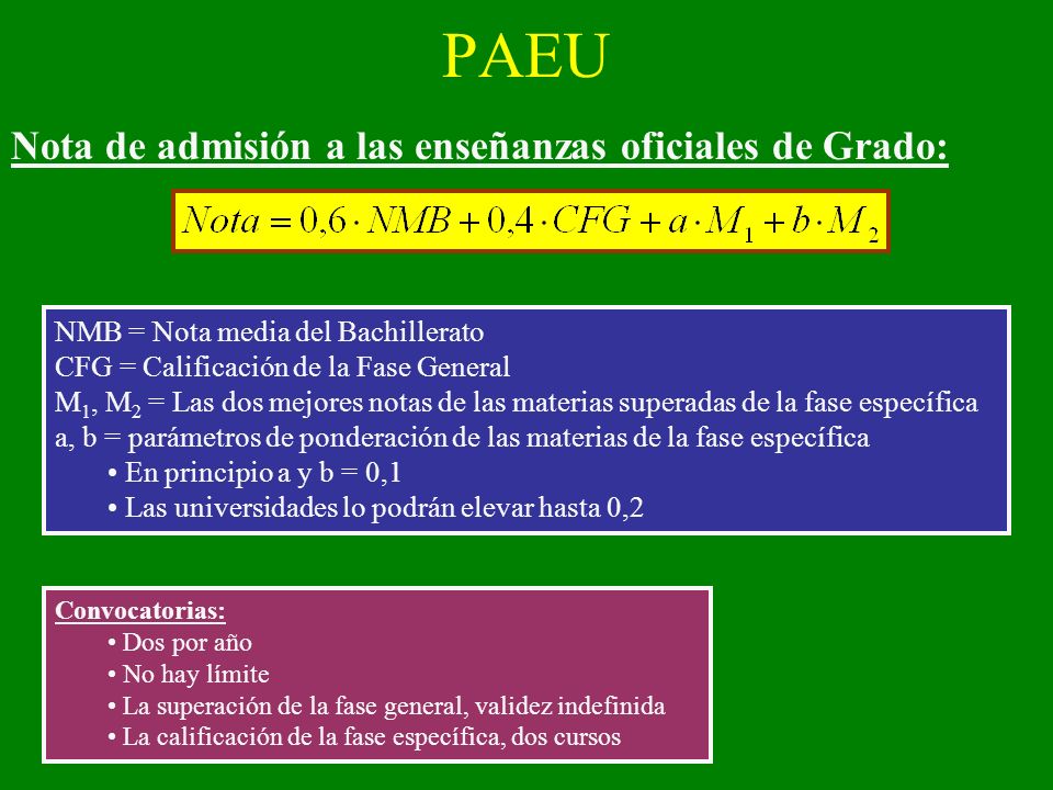 PAEU Nota de admisión a las enseñanzas oficiales de Grado: