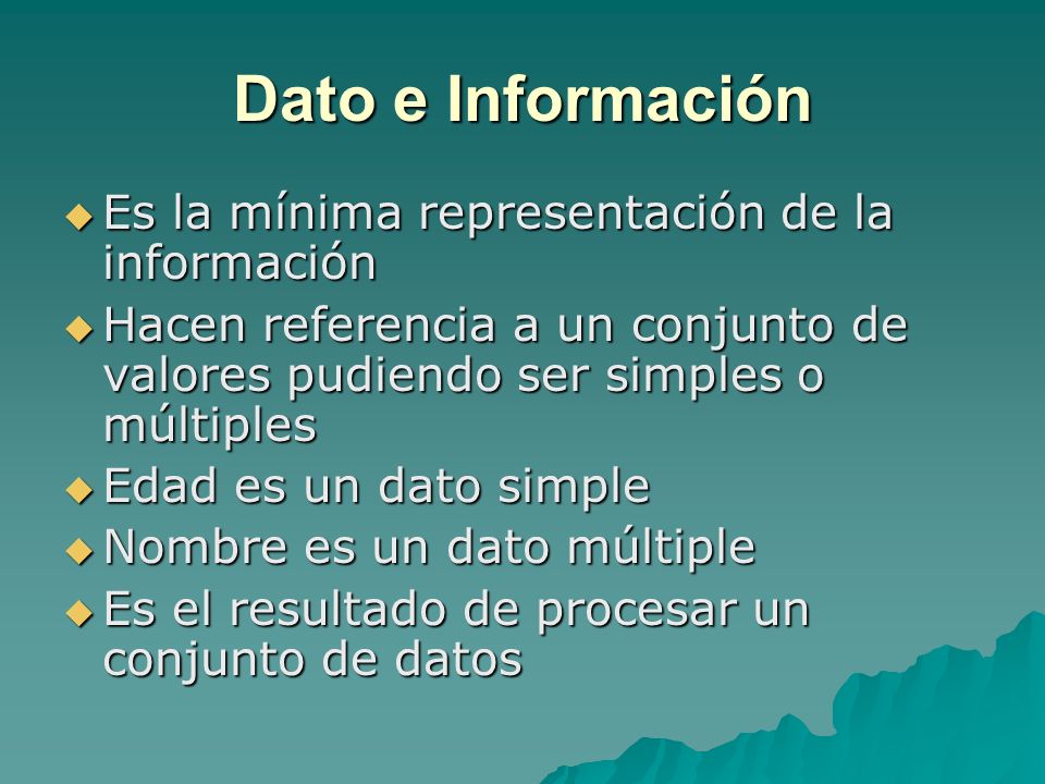 Dato e Información Es la mínima representación de la información