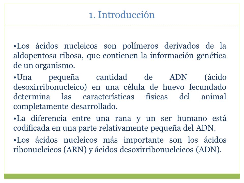 1. Introducción Los ácidos nucleicos son polímeros derivados de la aldopentosa ribosa, que contienen la información genética de un organismo.